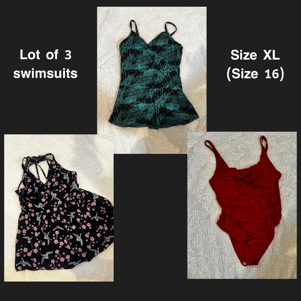 Lot of 3 woman’s swimsuits size XL/16 2 one piece and 1 two piece
